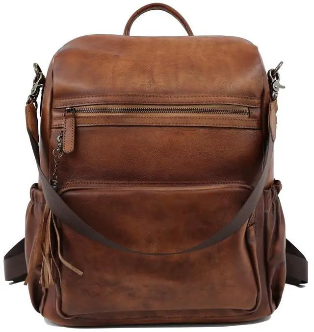 Main image of PAHVRION Laptop Backpack For Women,Genuine Leather Polished Bag,Convertible Shoulder Bag,Fashionable Tassel Design Travel Bag