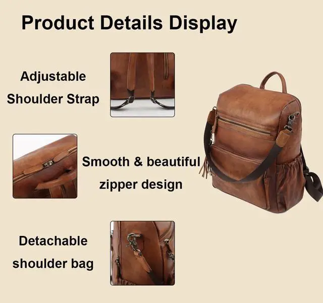 Alt view image 5 of 5 - PAHVRION Laptop Backpack For Women,Genuine Leather Polished Bag,Convertible Shoulder Bag,Fashionable Tassel Design Travel Bag
