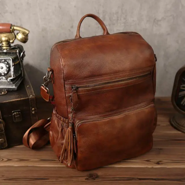 Alt view image 2 of 5 - PAHVRION Laptop Backpack For Women,Genuine Leather Polished Bag,Convertible Shoulder Bag,Fashionable Tassel Design Travel Bag