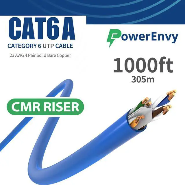 Alt view image 3 of 5 - PowerEnvy Cat6a UTP Ethernet Cable - 600Mhz, 10Gbps Max, 1000Ft, 23 AWG Solid Bare Copper, PoE++, 4 Twisted Pair Solid Bare Copper, CMR Rated Cable - UTP LAN Cat6a Cable (Blue)