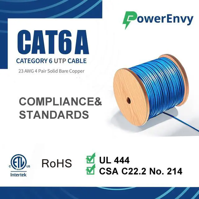 Alt view image 4 of 5 - PowerEnvy Cat6a UTP Ethernet Cable - 600Mhz, 10Gbps Max, 1000Ft, 23 AWG Solid Bare Copper, PoE++, 4 Twisted Pair Solid Bare Copper, CMR Rated Cable - UTP LAN Cat6a Cable (Blue)