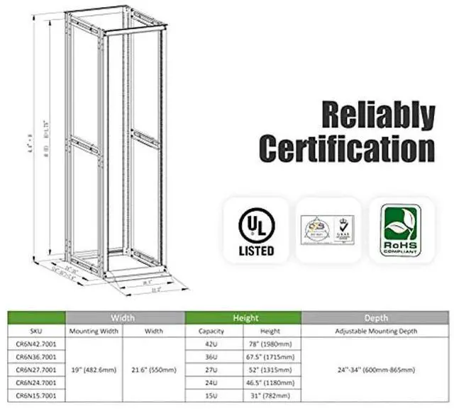 Alt view image 2 of 5 - Raising Electronics Server Rack 4 Post Open Rack Frame Rack Enclosure 19 Inch Adjustable Depth Cold Rolled Steel(15U,36 Inch Height)