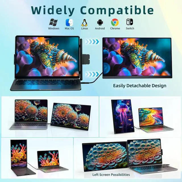 Alt view image 3 of 5 - ROYY Laptop Screen Extender Dual Monitor - 15.6" Portable Monitor 85% NTSC IPS 1080P FHD Detachable Screen Extended Extra USB-C/HDMI Port Compatible with Wins Mac Dex Chrome Fits 13"-17" Laptops