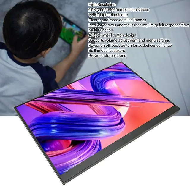 Alt view image 3 of 5 - 16 Inch Portable Monitor, 2.5K 2560x1600 16:10 144HZ Dual Speakers Second External Monitor for Laptop, Monitor with Type C 3.5mm Mini, Volume Adjustment & Menu Settings