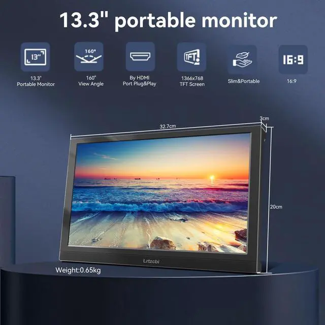 Alt view image 2 of 5 - Lrtzcbi Portable Monitor 13.3 Inch, External Laptop Monitor HD 1366x768P Built-in Speakers and HDMI VGA Port, Small HDMI Display for Laptop PC Mac PS4/5 Computer