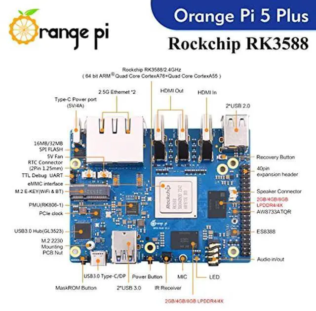 Alt view image 2 of 5 - Orange Pi 5 Plus 8GB Rockchip RK3588 8 Core 64 Bit Single Board Computer, 2.4GHz Frequency Open Source Development Board Run Orange Pi OS, Android, Debian, Ubuntu (Pi 5 Plus 8G+5V4A TC Supply)