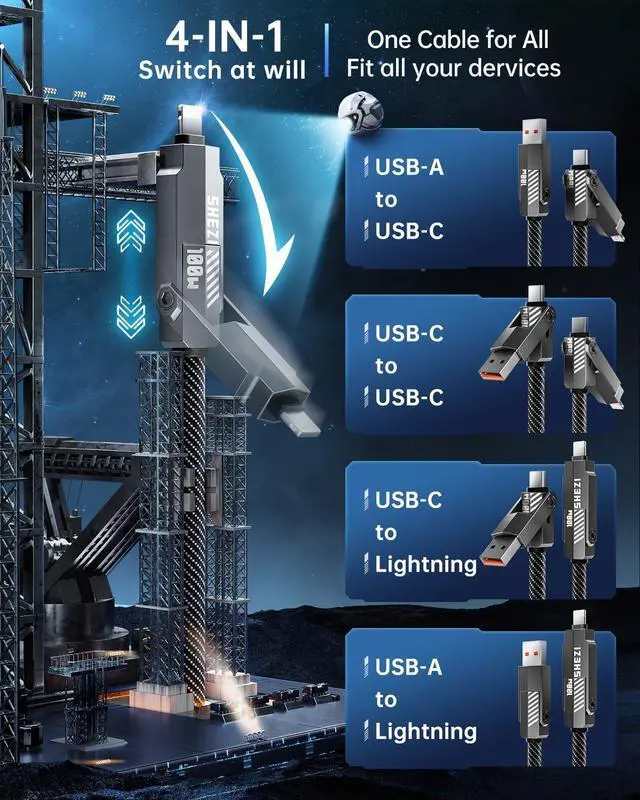 Alt view image 2 of 5 - SHEZI Upgraded 4 in 1 100W +240W USB C Cable Lightning Cable Nylon Braided Fast Charging Cable
