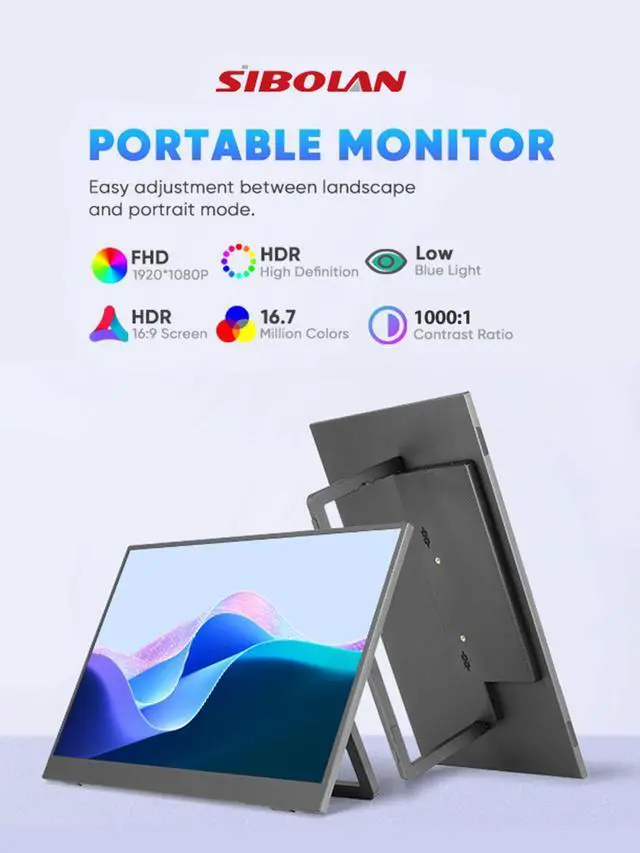 Alt view image 2 of 5 - sibolan 18.5'' Full HD Portable Monitor with Smart Cover & HDR, USB-C and HDMI Connectivity - Ideal for Laptop, PC, Phone, Mac, Gaming, and Travel