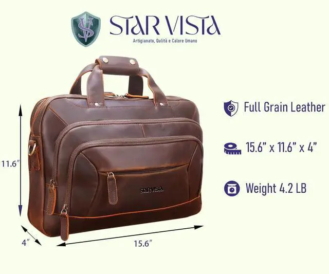 Alt view image 2 of 5 - STAR VISTA Brela 15.6" Laptop Messenger Bag, Full Grain Leather Briefcase for Men, Women, Business Travel, YKK Zippers and Brass Hardware