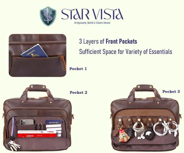 Alt view image 4 of 5 - STAR VISTA Brela 15.6" Laptop Messenger Bag, Full Grain Leather Briefcase for Men, Women, Business Travel, YKK Zippers and Brass Hardware