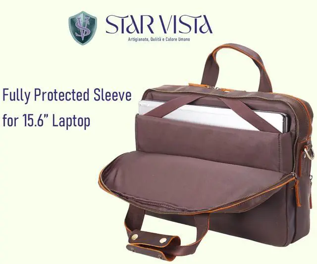 Alt view image 5 of 5 - STAR VISTA Brela 15.6" Laptop Messenger Bag, Full Grain Leather Briefcase for Men, Women, Business Travel, YKK Zippers and Brass Hardware