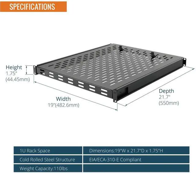 Alt view image 2 of 5 - Tecmojo 1U Sliding Rack Shelf,4-Post Vented Rack Mount Shelf,21.7in Deep with Adjustable Mounting Depth 21.7-35.4in,Supports to 110lbs,for 19 Inch AV/Network Equipment Rack,Unassembled,Black