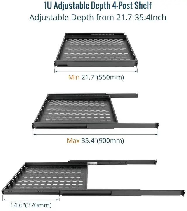 Alt view image 3 of 5 - Tecmojo 1U Sliding Rack Shelf,4-Post Vented Rack Mount Shelf,21.7in Deep with Adjustable Mounting Depth 21.7-35.4in,Supports to 110lbs,for 19 Inch AV/Network Equipment Rack,Unassembled,Black