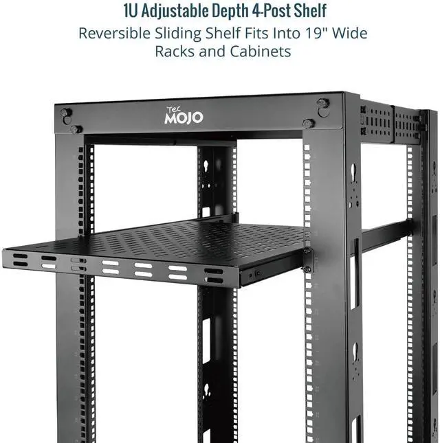 Alt view image 4 of 5 - Tecmojo 1U Sliding Rack Shelf,4-Post Vented Rack Mount Shelf,21.7in Deep with Adjustable Mounting Depth 21.7-35.4in,Supports to 110lbs,for 19 Inch AV/Network Equipment Rack,Unassembled,Black