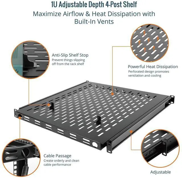 Alt view image 5 of 5 - Tecmojo 1U Sliding Rack Shelf,4-Post Vented Rack Mount Shelf,21.7in Deep with Adjustable Mounting Depth 21.7-35.4in,Supports to 110lbs,for 19 Inch AV/Network Equipment Rack,Unassembled,Black