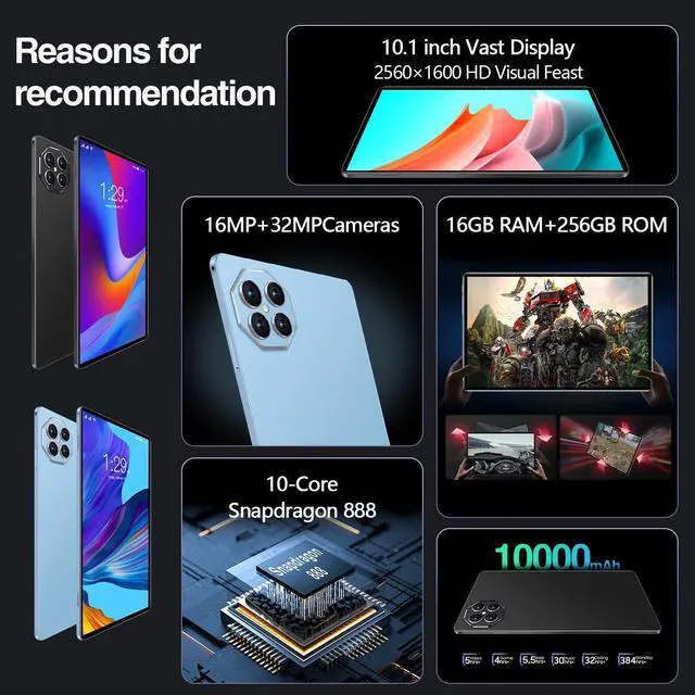 Alt view image 2 of 5 - testlili Tablet 10.1 inch Android 14 Tablets, 16GB RAM 256GB ROM,16MP+32MP Camera,10 Core Tablet PC, 2560 * 1600 HD Touch Screen,Smart-K Dual Speakers, 10000mAh, GPS, WiFi (Blue)