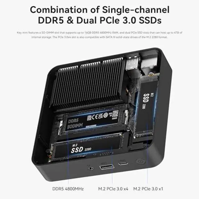 Alt view image 4 of 5 - TRIGKEY Key Mini N150 PC, Intel Twin Lake N150(up to 3.6GHz),16GB DDR5 4800MHz 500GB M.2 PCIex4 SSD, Intel Graphics 24EUs 1000MHz, Support Dual Display/USB3.2(10Gbps)*4/2.5G LAN/WiFi-6/BT5.2/USB-C