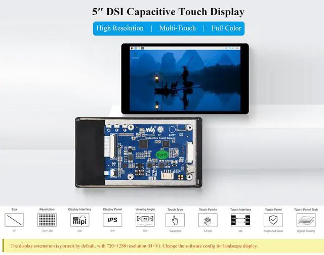 Alt view image 2 of 5 - UeeKKoo 5inch DSI LCD Touch Screen 720 x 1280 IPS Capacitive Display Compatible with Raspberry Pi 5/4B/3B+/CM4/3+/3, Optical Bonding Toughened Glass Panel, DSI Interface, 5-Point Touch
