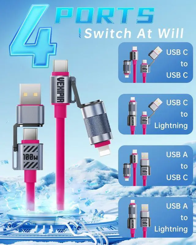 Alt view image 4 of 5 - Vexipia 3 Pack 4-in-1 USB C Cable Lightning Cable (Blue+Pink+Green)