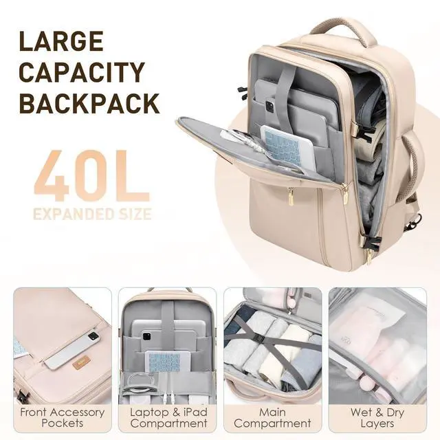 Alt view image 2 of 5 - VNINE Travel Backpack for Women Men 40L Expandable Carry on Backpack for Airplanes with 3 Packing Cubes Large Traveling Bookbag 17" Laptop Suitcase Bag Beige