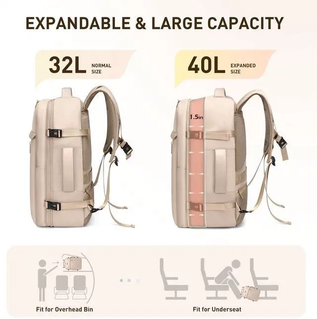 Alt view image 3 of 5 - VNINE Travel Backpack for Women Men 40L Expandable Carry on Backpack for Airplanes with 3 Packing Cubes Large Traveling Bookbag 17" Laptop Suitcase Bag Beige