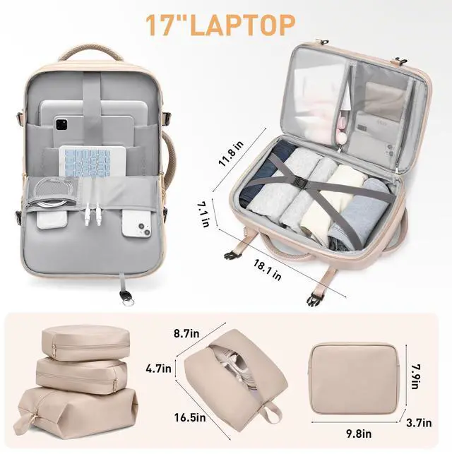 Alt view image 4 of 5 - VNINE Travel Backpack for Women Men 40L Expandable Carry on Backpack for Airplanes with 3 Packing Cubes Large Traveling Bookbag 17" Laptop Suitcase Bag Beige