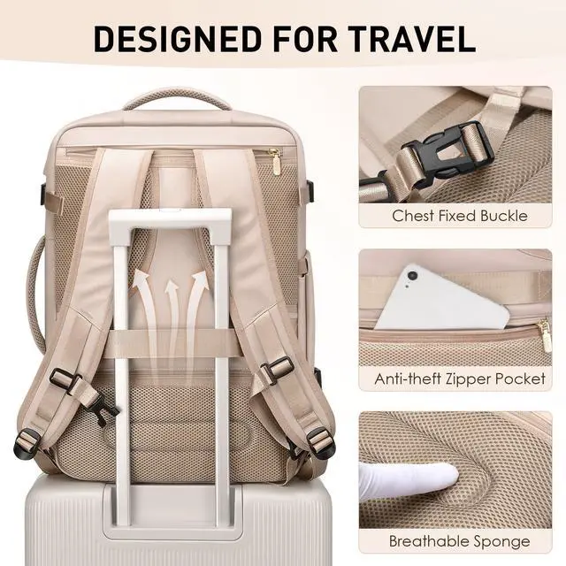 Alt view image 5 of 5 - VNINE Travel Backpack for Women Men 40L Expandable Carry on Backpack for Airplanes with 3 Packing Cubes Large Traveling Bookbag 17" Laptop Suitcase Bag Beige