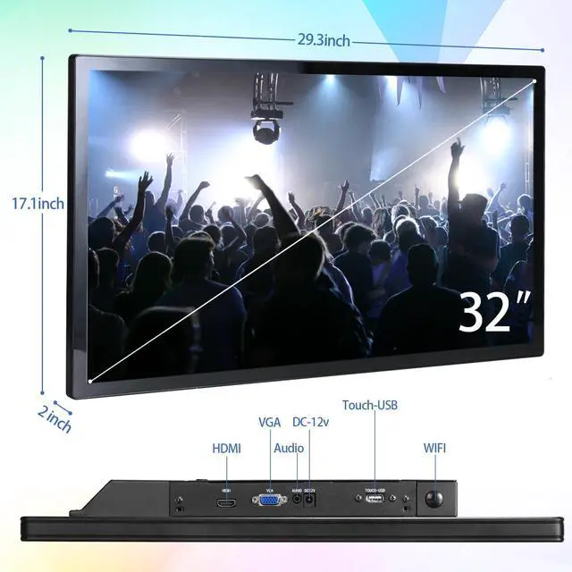 Alt view image 4 of 5 - Volunna 32 inch Capacitive Multi-Touch Screen Industrial Monitor, Built-in Speakers, USB, VGA, DVI & HD-MI Ports,16:9 Display and 1920 x 1080P, Digital Signage Displays Player for Advertising
