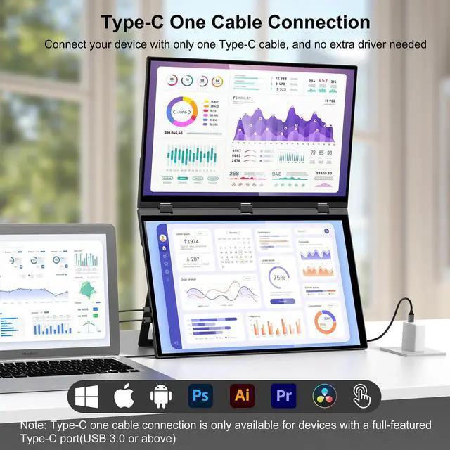Alt view image 2 of 5 - wisecoco 18.5'' 120Hz FHD 1080P Dual Triple Portable Monitor IPS USB-C HDMI HDR Secondary Display Foldable Laptop PC Gaming Monitor 100% sRGB Windows Mac Android Plug&Play Flip S8