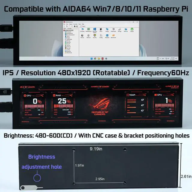 Alt view image 2 of 5 - WOWNOVA Computer Hardware Temp Sensor Panel 8.8" Touch Monitor, PC Temperature Display, HD LCD Screen for PC Case Accessories Gaming Secondary Monitor, Compatible with RPi Windows(-Touch)