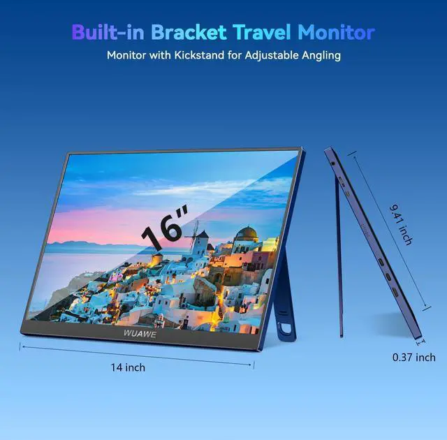 Alt view image 2 of 5 - WUAWE 16" Portable Monitor, 1200P 120Hz 100% sRGB Portable Gaming Monitor with Built-in Stand, HDR and Freensync, USB C Pc, Switch and Ps5
