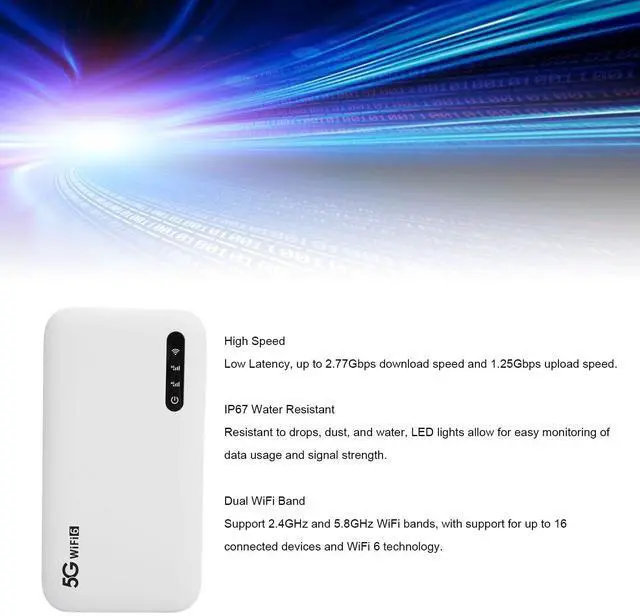 Alt view image 3 of 5 - 5G Wi Fi Mobile Hotspot, 2.4GHz and 5.8GHz Portable Wi Fi Device for Travel, Supports SIM Card Slot & 16 Devices, IP67 Waterproof, Wi Fi 6 5G Router 6100mAh Rechargeable