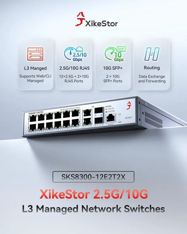 Alt view image 3 of 5 - 16-Port 2.5G L3 Managed Ethernet Switch with 10GBase-T Transceiver, 2.5Gb Network Switch, DHCP/OSPF/BGP/VLAN/ACL/LACP/IGMP Supported, Built-in Smart Fan, Desktop/Wall-Mount