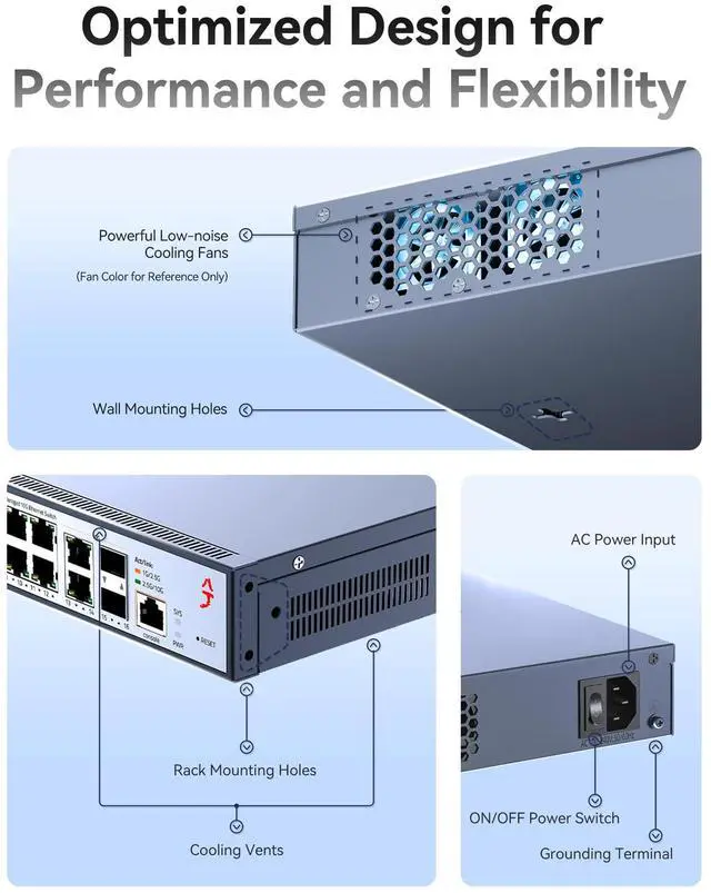 Alt view image 5 of 5 - 16-Port 2.5G L3 Managed Ethernet Switch with 10GBase-T Transceiver, 2.5Gb Network Switch, DHCP/OSPF/BGP/VLAN/ACL/LACP/IGMP Supported, Built-in Smart Fan, Desktop/Wall-Mount