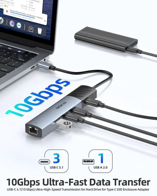 Alt view image 5 of 5 - MOKiN 10Gbps USB C Hub Ethernet, 7 in 1 USB C Adapter for MacBook Pro/Air with 4K@60HZ HDMI, 3*USB-C 10Gbps Data, RJ45, USB 2.0, 100W PD, USB C Dongle for MacBook Pro/Air/Dell/HP/Thinkpad/Lenovo.