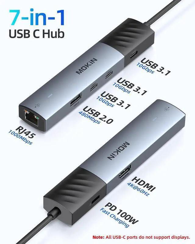 Alt view image 2 of 5 - MOKiN 10Gbps USB C Hub Ethernet, 7 in 1 USB C Adapter for MacBook Pro/Air with 4K@60HZ HDMI, 3*USB-C 10Gbps Data, RJ45, USB 2.0, 100W PD, USB C Dongle for MacBook Pro/Air/Dell/HP/Thinkpad/Lenovo.