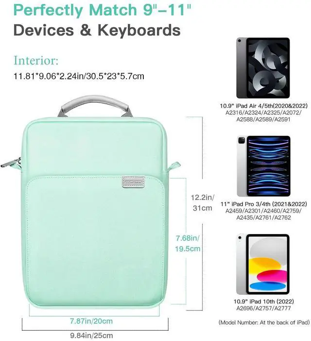 Alt view image 2 of 5 - MoKo 9-11 Inch Tablet Sleeve Bag Fits iPad air 5 10.9" 2022, iPad Pro 11 M2 2022-2018, iPad 10th 10.9, Air 4 10.9, Tab S8 2022, Handle Carrying Case with Shoulder Strap, Mint Green