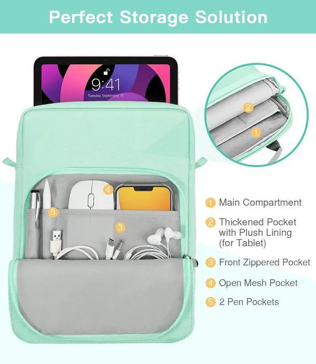 Alt view image 5 of 5 - MoKo 9-11 Inch Tablet Sleeve Bag Fits iPad air 5 10.9" 2022, iPad Pro 11 M2 2022-2018, iPad 10th 10.9, Air 4 10.9, Tab S8 2022, Handle Carrying Case with Shoulder Strap, Mint Green