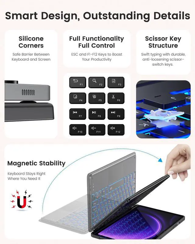 Alt view image 4 of 5 - INFILAND Keyboard Case for Samsung Galaxy Tab S10 FE/S9 FE/S9 with 7-Color Backlight & High Precision Trackpad, Slim Detachable Folder Style Keyboard Case for Tab S9 11" &S10 FE/S9 FE 10.9",Black