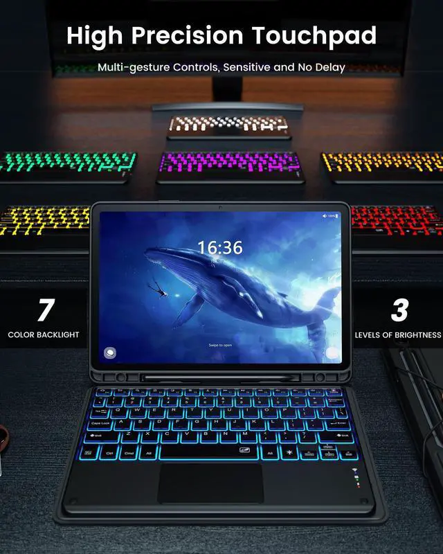 Alt view image 3 of 5 - INFILAND Keyboard Case for Samsung Galaxy Tab S10 FE/S9 FE/S9 with 7-Color Backlight & High Precision Trackpad, Slim Detachable Folder Style Keyboard Case for Tab S9 11" &S10 FE/S9 FE 10.9",Black