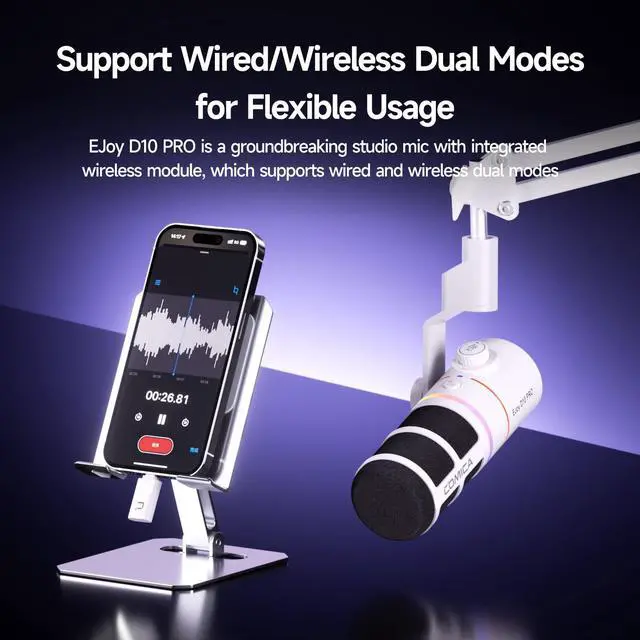 Alt view image 2 of 5 - EJoy D10 PRO(A) USB Wireless Gaming Microphone - Boom Arm Mic with Wired/Wireless Modes, XLR/USB-C, Real-Time Monitoring, 45H Battery, RGB Dynamic Mic for Gaming, Streaming, Podcast, Recording (White)