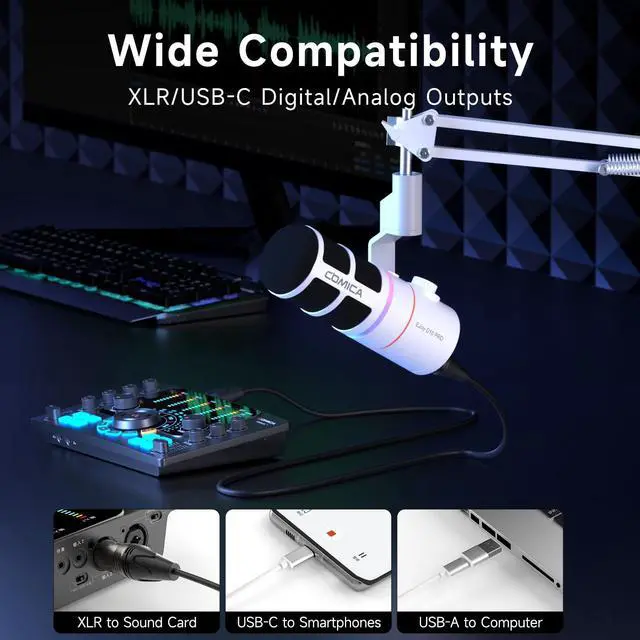 Alt view image 3 of 5 - EJoy D10 PRO(A) USB Wireless Gaming Microphone - Boom Arm Mic with Wired/Wireless Modes, XLR/USB-C, Real-Time Monitoring, 45H Battery, RGB Dynamic Mic for Gaming, Streaming, Podcast, Recording (White)