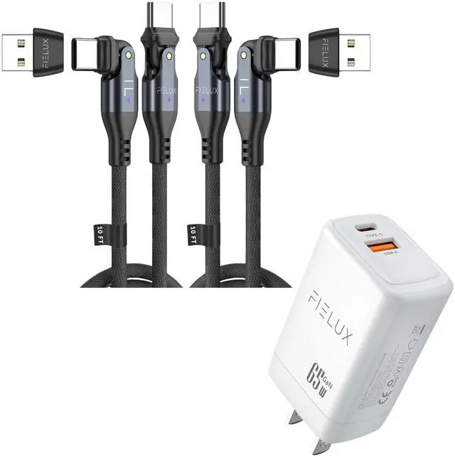 Main image of FIELUX 240W USB C to USB C Cable [2 Pack 10FT/10FT + USB A Adapter] + 65W Dual Port USB A & USB C Wall Charger (White)