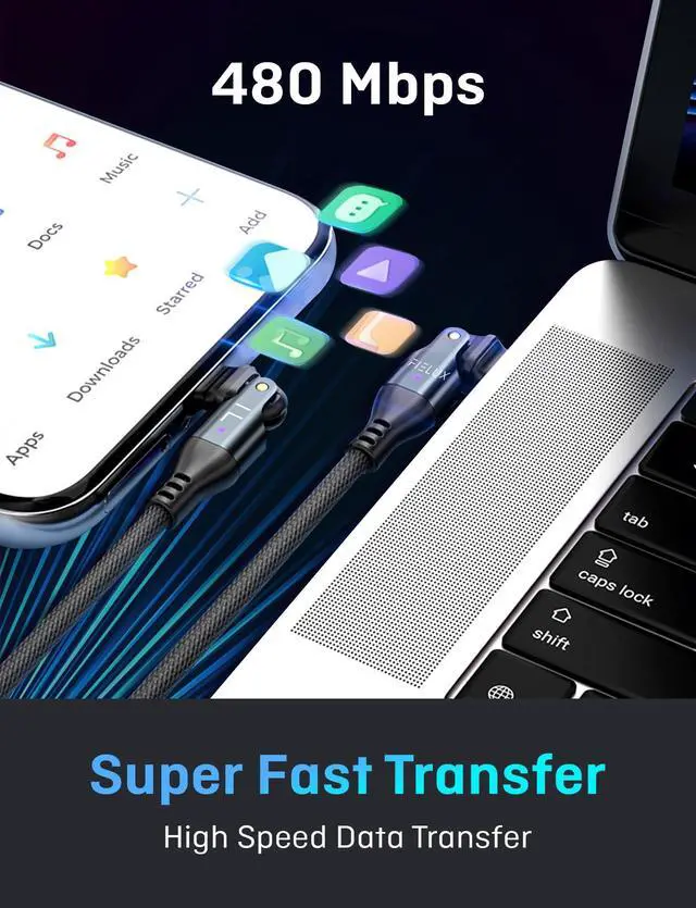 Alt view image 4 of 5 - FIELUX 240W USB C to USB C Cable [2 Pack 10FT/10FT + USB A Adapter] + 65W Dual Port USB A & USB C Wall Charger (White)