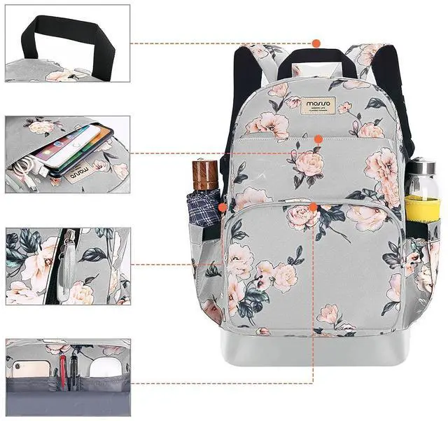 Alt view image 3 of 5 - MOSISO 15.6-16 inch Laptop Backpack for Women, Polyester Anti-Theft Stylish Casual Daypack Bag with Luggage Strap & USB Charging Port, Camellia Travel Backpack, Grey