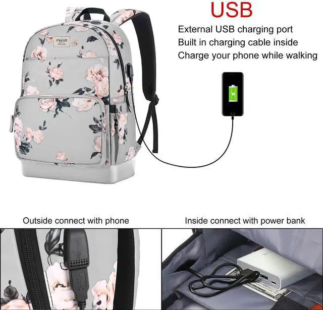 Alt view image 2 of 5 - MOSISO 15.6-16 inch Laptop Backpack for Women, Polyester Anti-Theft Stylish Casual Daypack Bag with Luggage Strap & USB Charging Port, Camellia Travel Backpack, Grey