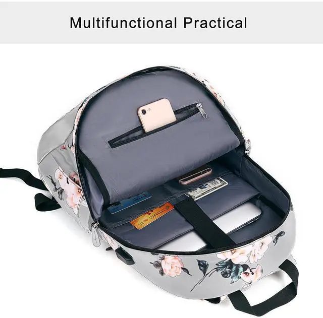 Alt view image 4 of 5 - MOSISO 15.6-16 inch Laptop Backpack for Women, Polyester Anti-Theft Stylish Casual Daypack Bag with Luggage Strap & USB Charging Port, Camellia Travel Backpack, Grey