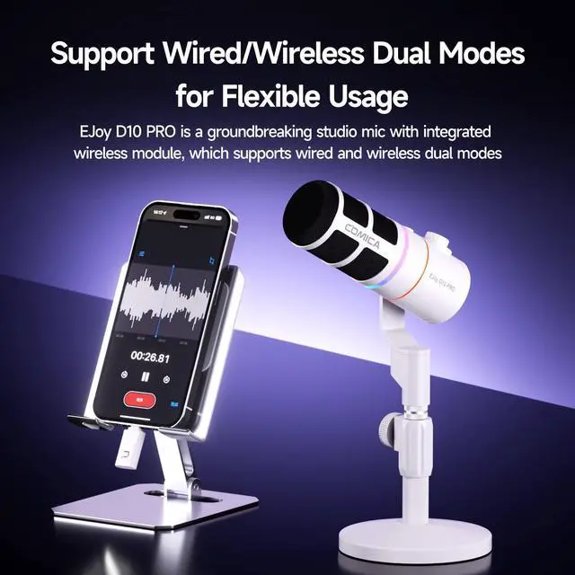 Alt view image 2 of 5 - EJoy D10 PRO(D) Wireless USB Gaming Microphone - RGB Dynamic Mic with Wired/Wireless Modes, XLR/USB-C, Real-Time Monitoring, 45H Battery, Studio Mic for Gaming, Streaming, Podcast, Recording (White)