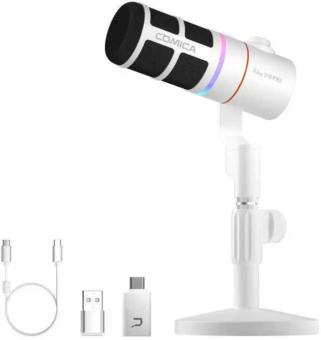 Main image of EJoy D10 PRO(D) Wireless USB Gaming Microphone - RGB Dynamic Mic with Wired/Wireless Modes, XLR/USB-C, Real-Time Monitoring, 45H Battery, Studio Mic for Gaming, Streaming, Podcast, Recording (White)