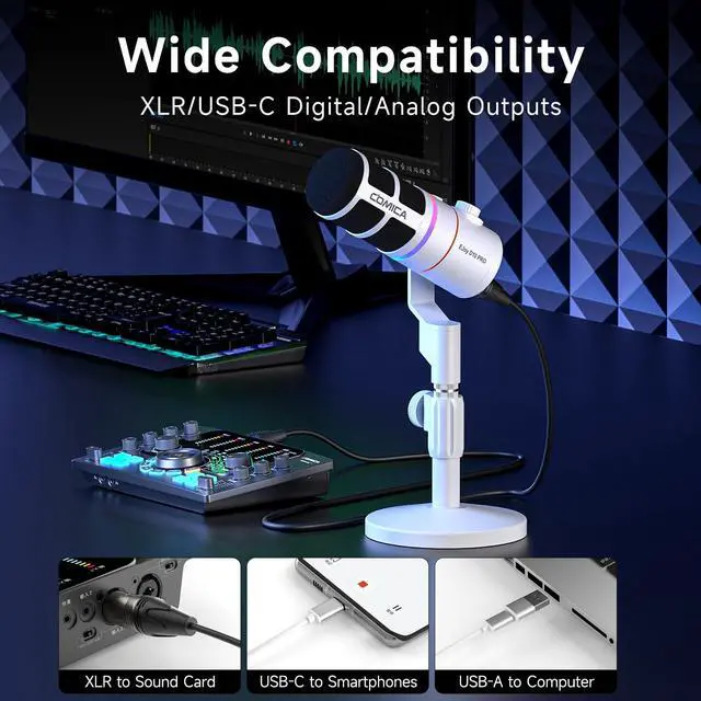 Alt view image 3 of 5 - EJoy D10 PRO(D) Wireless USB Gaming Microphone - RGB Dynamic Mic with Wired/Wireless Modes, XLR/USB-C, Real-Time Monitoring, 45H Battery, Studio Mic for Gaming, Streaming, Podcast, Recording (White)